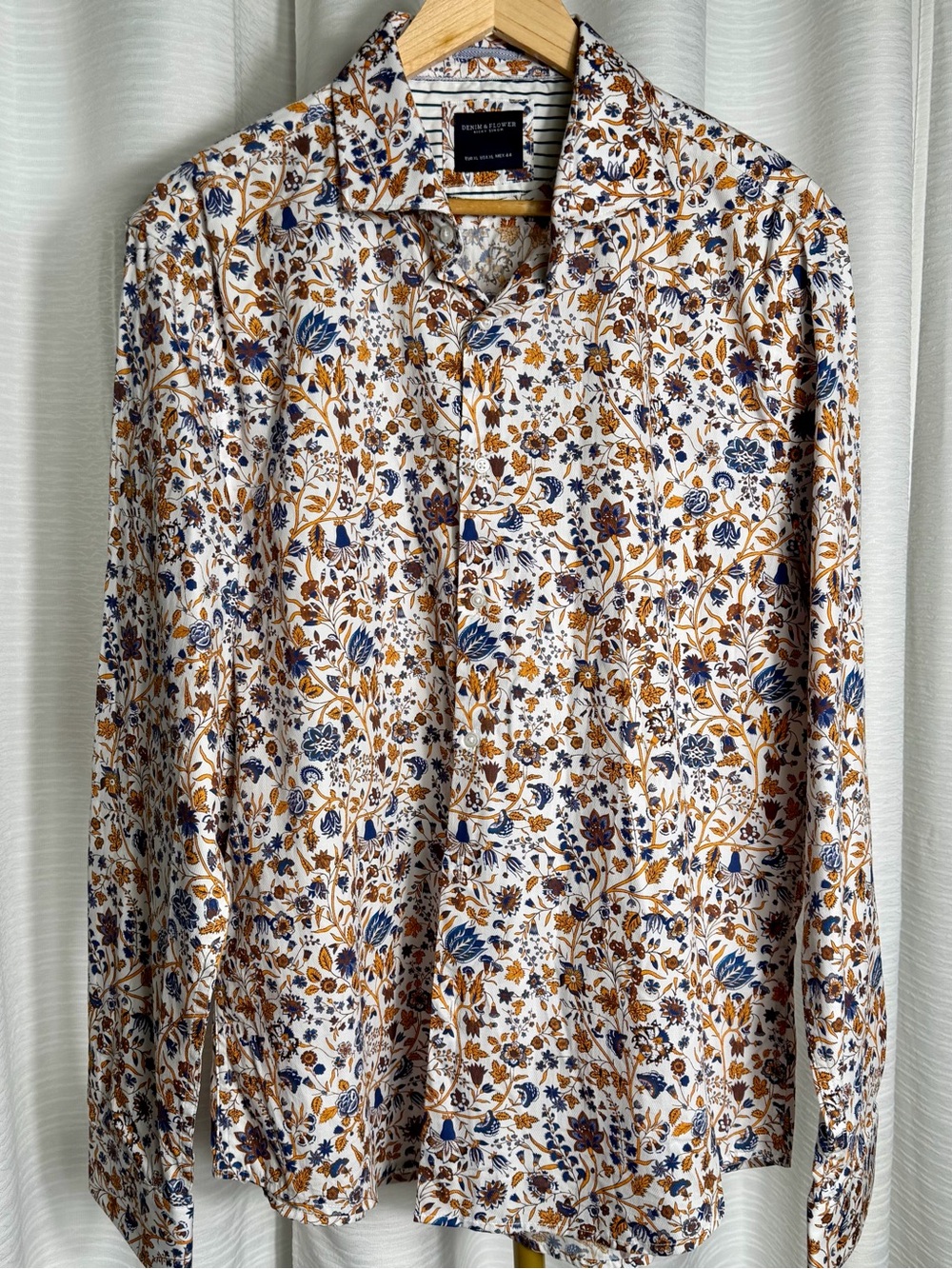 Denim & Flower Men's Stripe Floral Shirt - White, Navy & Mustard